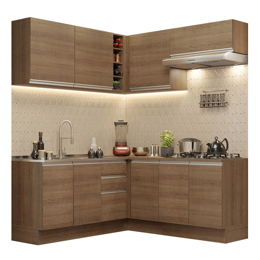 Combo completo de Cocina Esquinera 349 cm 9 Puertas 3 Cajones Sin Mesada Marrón Glamy Madesa 03