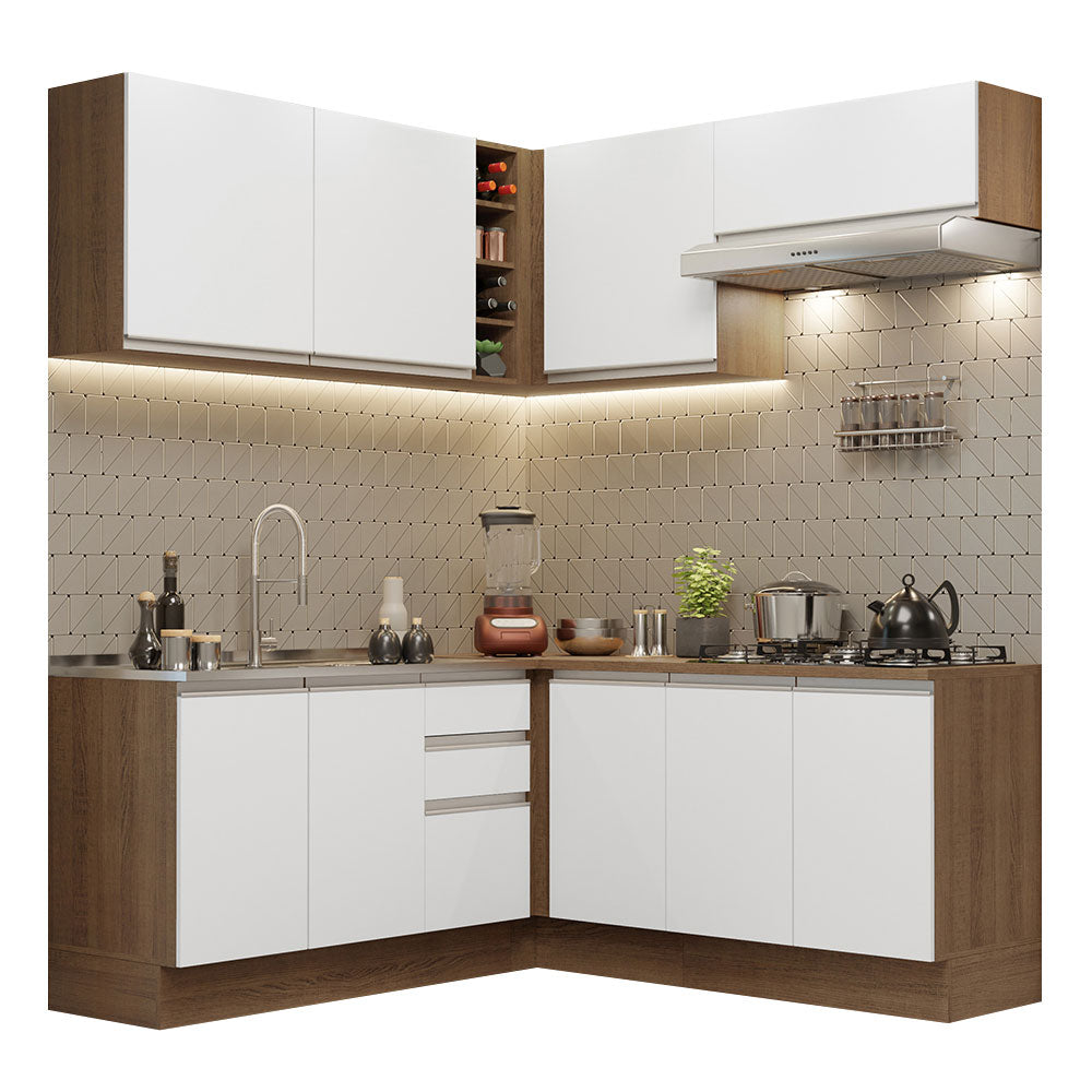Combo completo de Cocina Esquinera 349 cm 9 Puertas 3 Cajones Sin Mesada Marrón/Blanco Glamy Madesa
