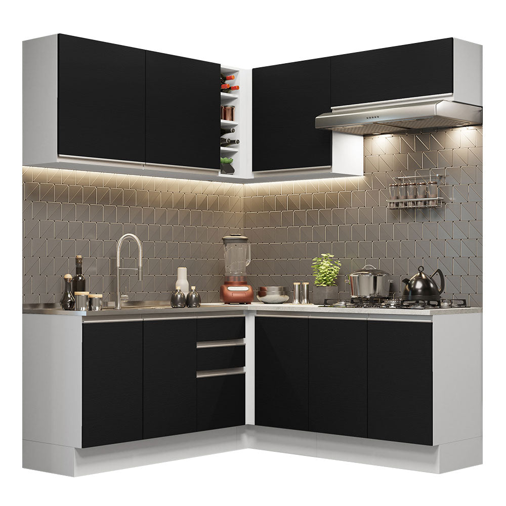Combo completo de Cocina Esquinera 349 cm 9 Puertas 3 Cajones Sin Mesada Blanco/Negro Glamy Madesa