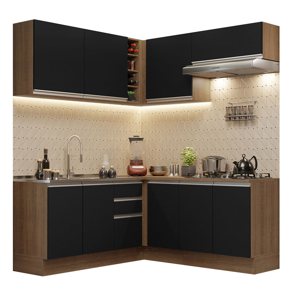Combo completo de Cocina Esquinera 349 cm 9 Puertas 3 Cajones Sin Mesada Marrón/Negro Glamy Madesa 03