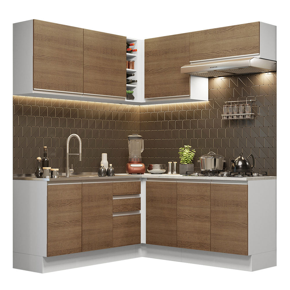 Combo completo de Cocina Esquinera 349 cm 9 Puertas 3 Cajones Sin Mesada Blanco/Marrón Glamy Madesa