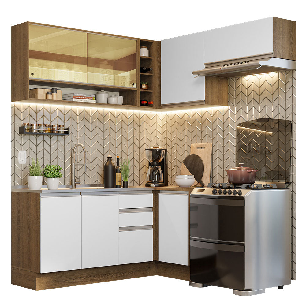 Combo completo de Cocina Esquinera 349 cm 7 Puertas 3 Cajones Sin Mesada Marrón/Blanco Glamy Madesa 06
