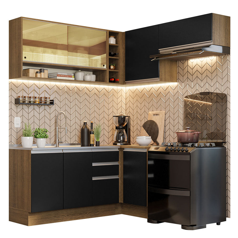 Combo completo de Cocina Esquinera 349cm Marrón/Negro Glamy Madesa 06