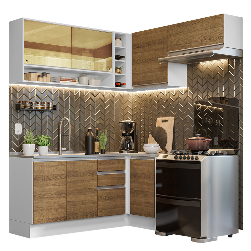 Combo completo de Cocina Esquinera 349 cm 7 Puertas 3 Cajones Sin Mesada Blanco/Marrón Glamy Madesa