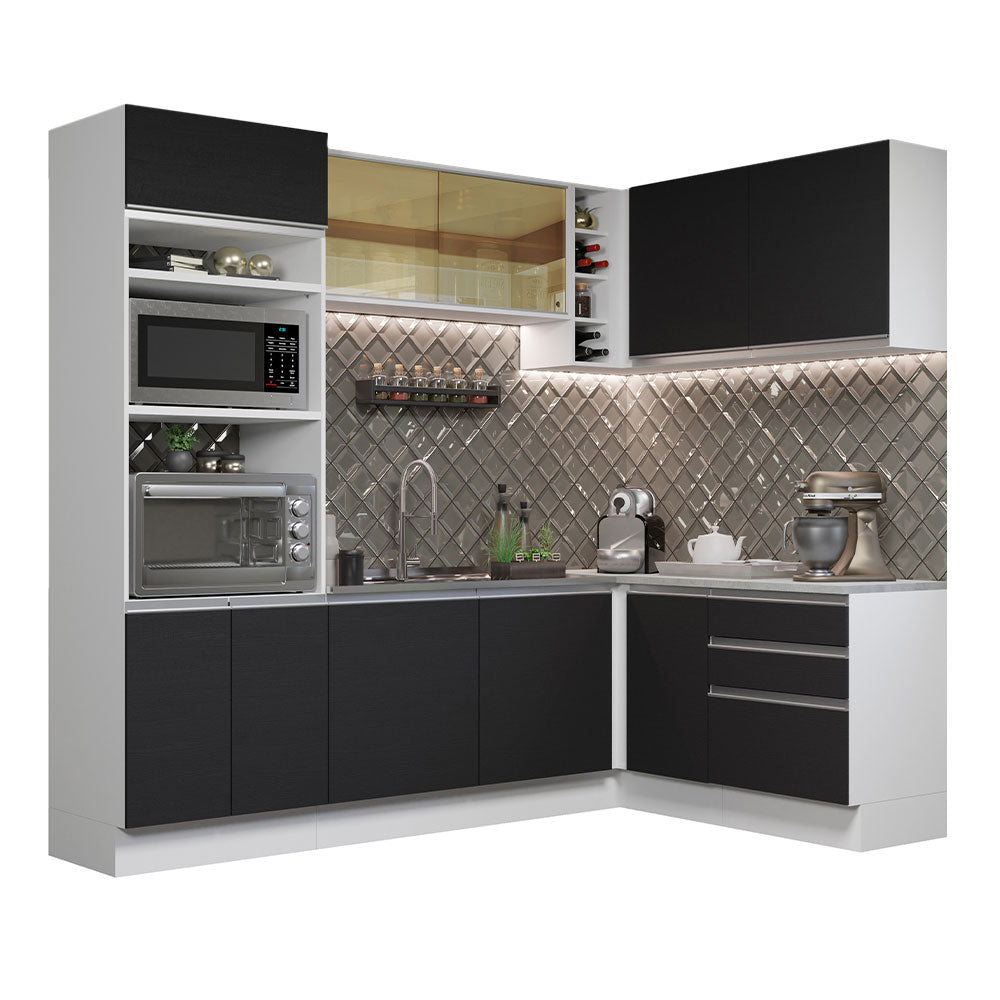 Combo completo de Cocina Esquinera 399 cm 10 Puertas 3 Cajones Sin Mesada Blanco/Negro Glamy Madesa