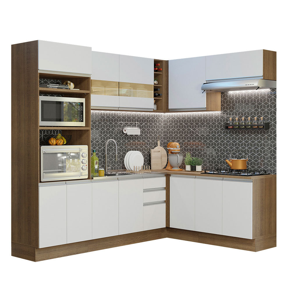 Combo completo de Cocina Esquinera 419 cm 12 Puertas 3 Cajones Sin Mesada Marrón/Blanco Glamy Madesa