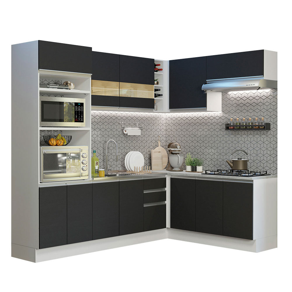 Combo completo de Cocina Esquinera 419 cm 12 Puertas 3 Cajones Sin Mesada Blanco/Negro Glamy Madesa