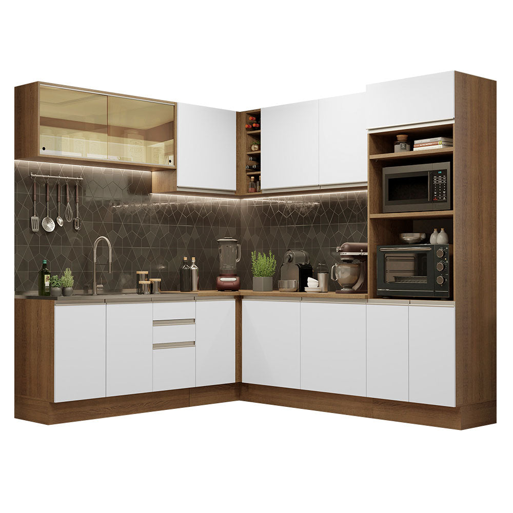 Combo completo de Cocina Esquinera 459 cm 13 Puertas 3 Cajones Sin Mesada Marrón/Blanco Glamy Madesa