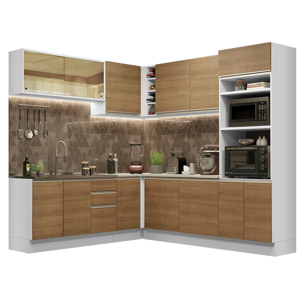 Combo completo de Cocina Esquinera 469 cm 13 Puertas 3 Cajones Sin Mesada Blanco/Marrón Glamy Madesa