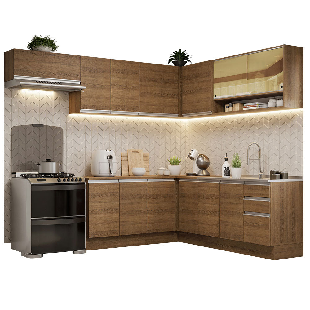 Combo completo de Cocina Esquinera 469 cm 13 Puertas 3 Cajones Sin Mesada Marrón Glamy Madesa