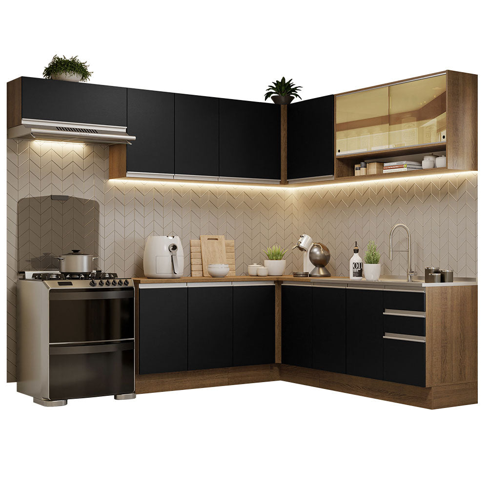 Combo completo de Cocina Esquinera 469 cm 13 Puertas 3 Cajones Sin Mesada Marrón/Negro Glamy Madesa