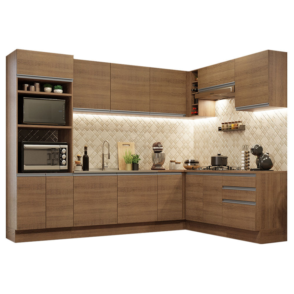 Combo completo de Cocina Esquinera 479 cm 13 Puertas 3 Cajones Sin Mesada Marrón Glamy Madesa