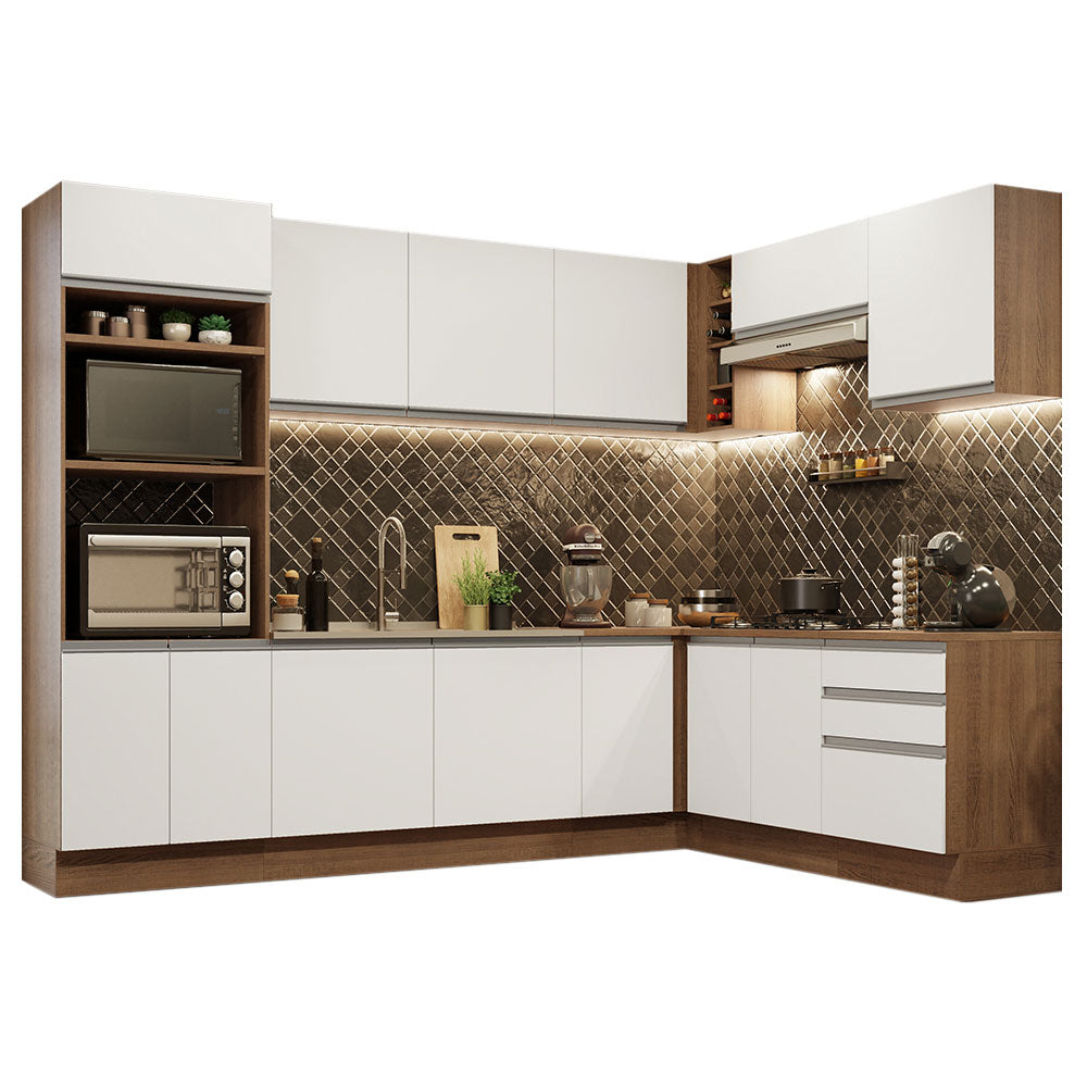 Combo completo de Cocina Esquinera 479 cm 13 Puertas 3 Cajones Sin Mesada Marrón/Blanco Glamy Madesa