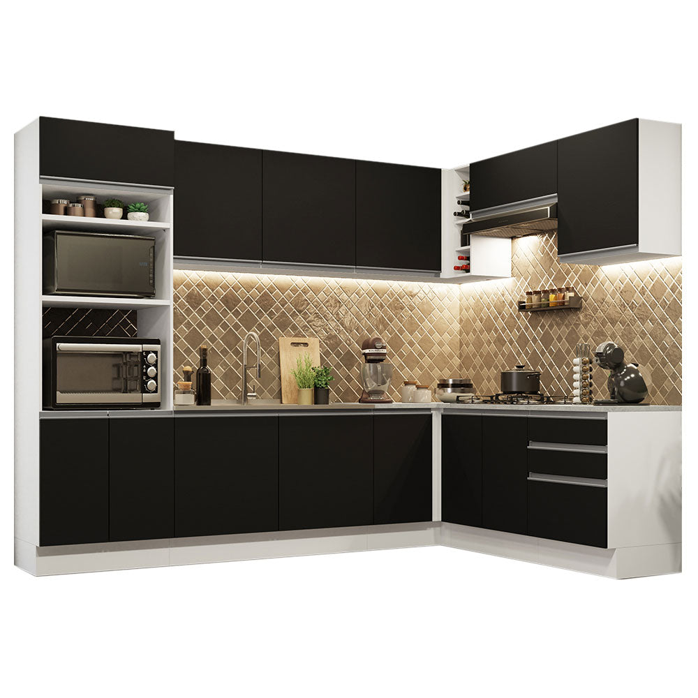 Combo completo de Cocina Esquinera 479 cm 13 Puertas 3 Cajones Sin Mesada Blanco/Negro Glamy Madesa