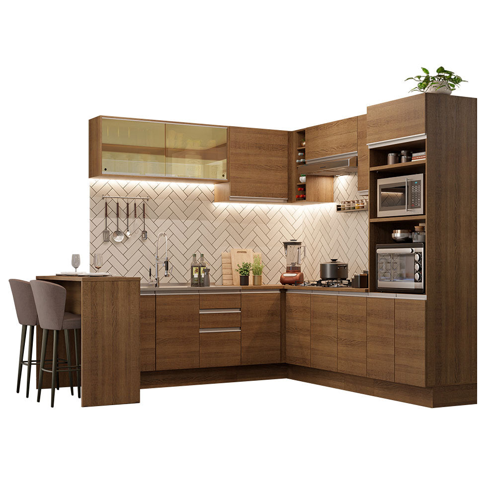 Combo completo de Cocina Esquinera 504 cm 14 Puertas 3 Cajones Sin Mesada Marrón Glamy Madesa
