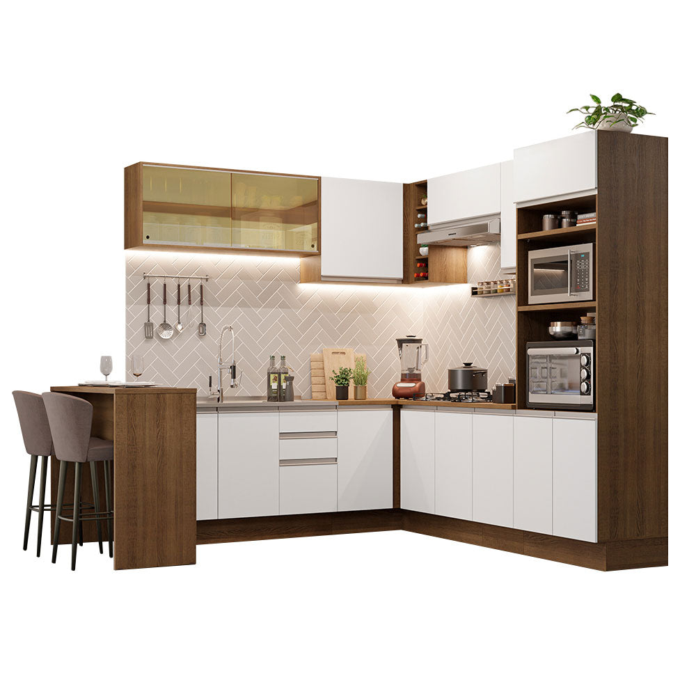 Combo completo de Cocina Esquinera 504 cm 14 Puertas 3 Cajones Sin Mesada Marrón/Blanco Glamy Madesa