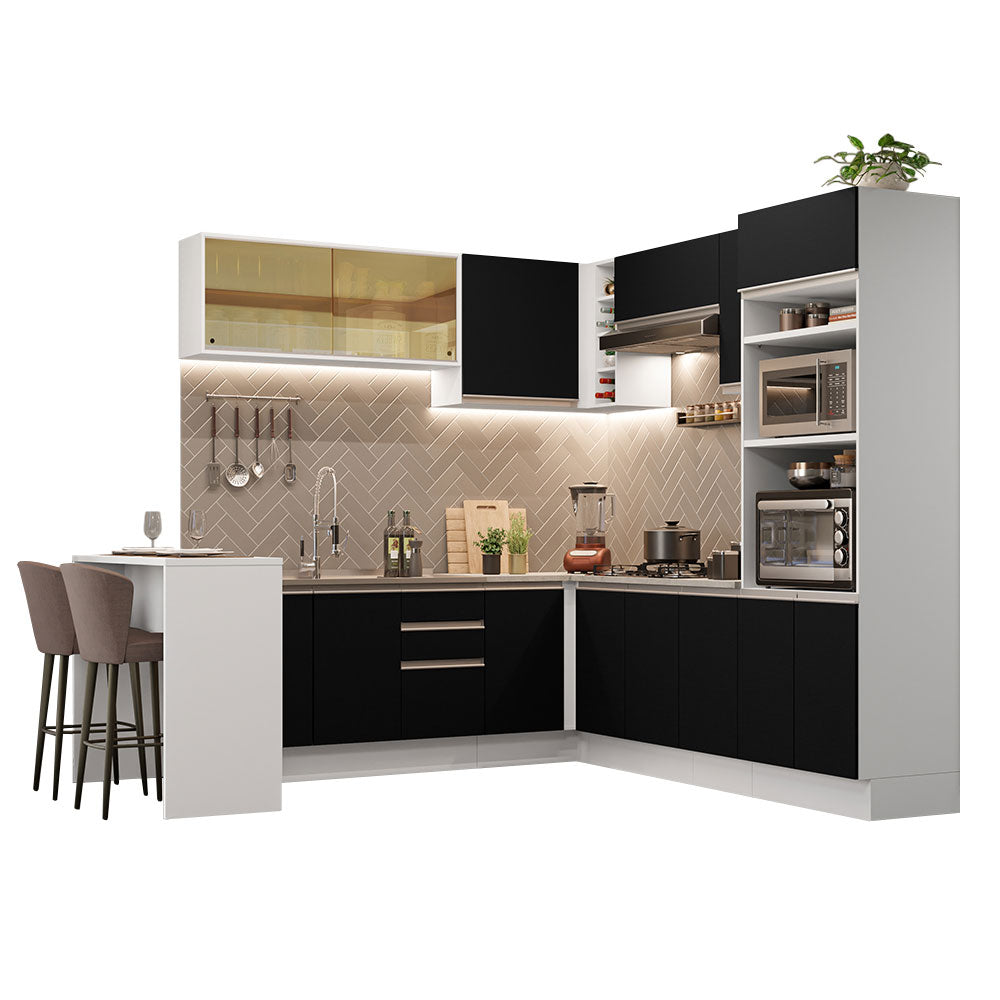 Combo completo de Cocina Esquinera 504 cm 14 Puertas 3 Cajones Sin Mesada Blanco/Negro Glamy Madesa