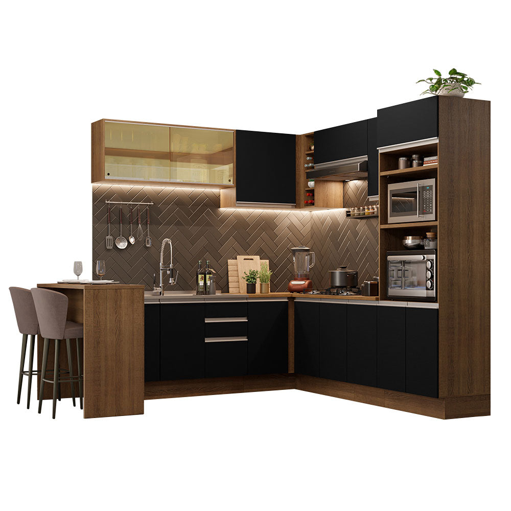 Combo completo de Cocina Esquinera 504 cm 14 Puertas 3 Cajones Sin Mesada Marrón/Negro Glamy Madesa