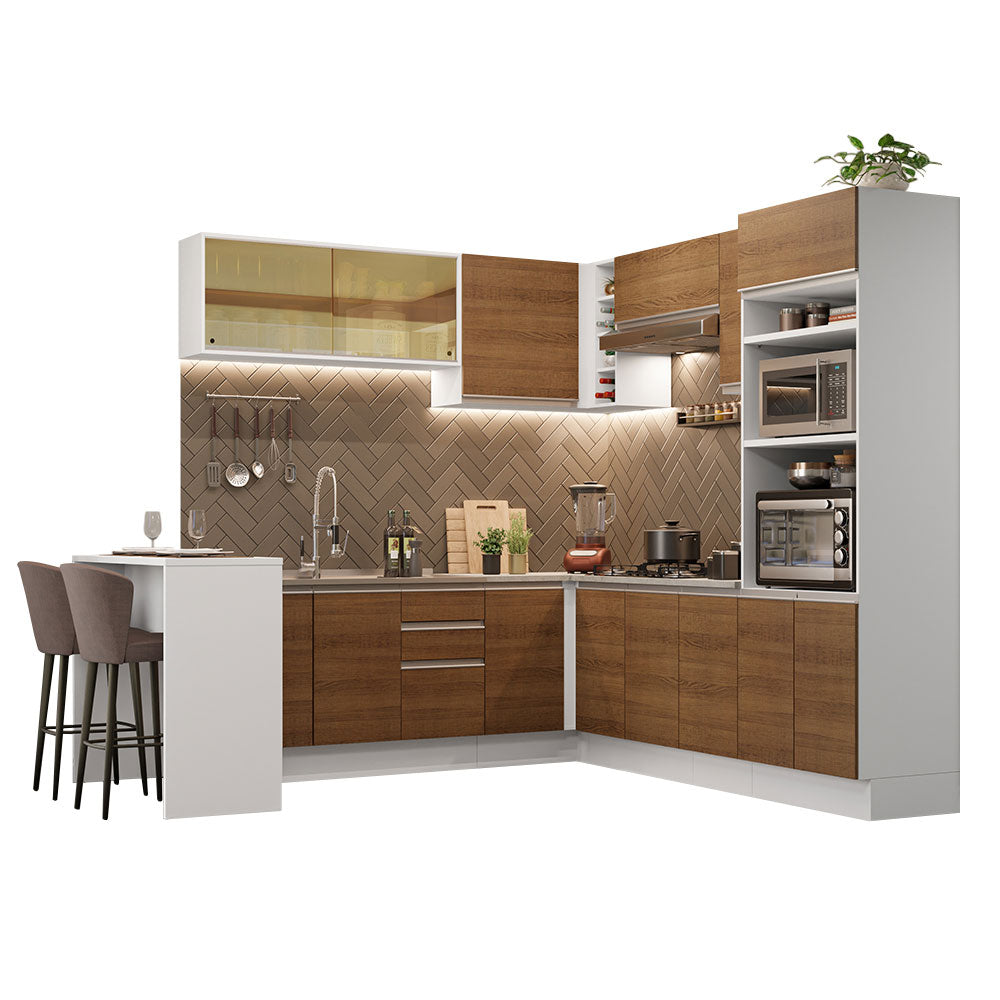 Combo completo de Cocina Esquinera 504 cm 14 Puertas 3 Cajones Sin Mesada Blanco/Marrón Glamy Madesa