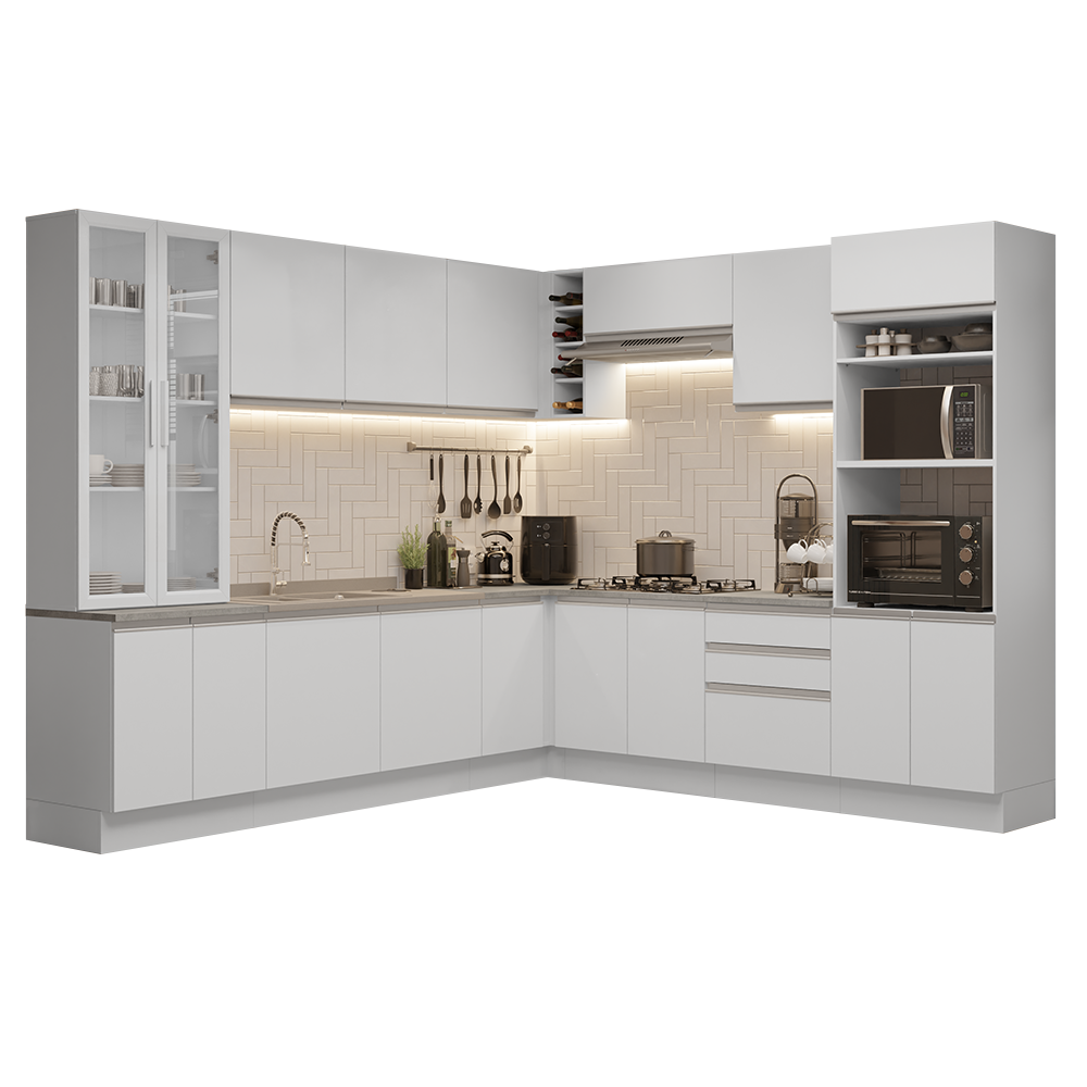 Combo completo de Cocina Esquinera 549 cm con Cristalero 17 Puertas 3 Cajones Sin Mesada Blanco Glamy Madesa