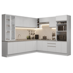 Combo completo de Cocina Esquinera 549 cm con Cristalero 17 Puertas 3 Cajones Sin Mesada Blanco Glamy Madesa