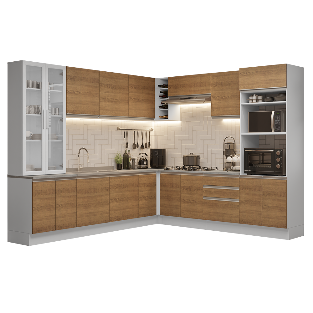 Combo completo de Cocina Esquinera 549 cm con Cristalero 17 Puertas 3 Cajones Sin Mesada Blanco/Marrón Glamy Madesa
