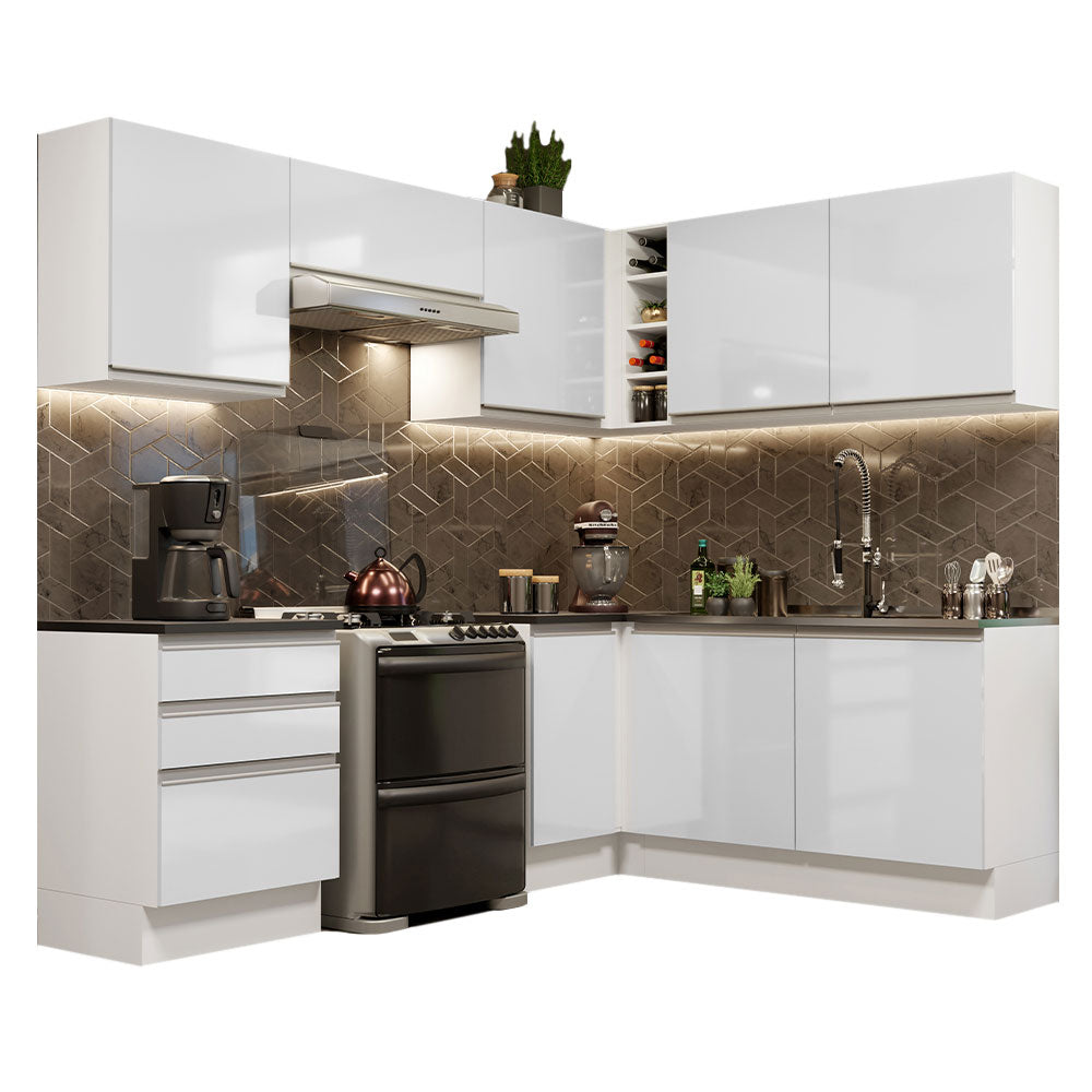 Combo Completo de Cocina Esquinera 100% MDF 409 cm Frentes Blanco Brillante Acordes Madesa 01