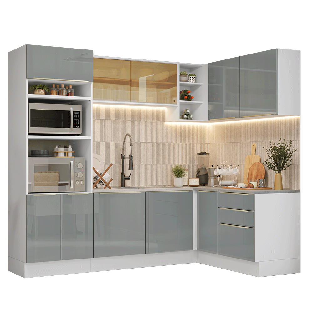 Combo completo de Cocina Esquinero 416 x 60 cm Blanco/Gris Lux Madesa 01