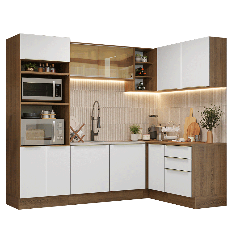 Combo completo de Cocina Esquinero 416 x 60 cm Marrón/Blanco Aterciopelado Lux Madesa 01