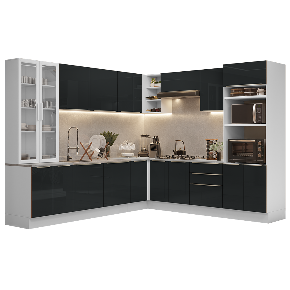 Combo completo de Cocina Esquinera 566 cm con Cristalero 17 Puertas 3 Cajones Sin Mesada Blanco/Negro Lux Madesa
