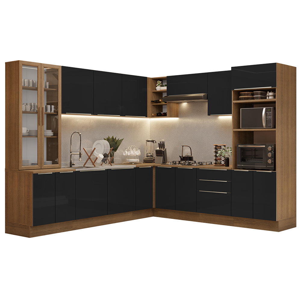 Combo completo de Cocina Esquinera 566 cm con Cristalero 17 Puertas 3 Cajones Sin Mesada Marrón/Negro Lux Madesa
