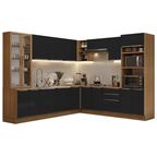 Combo completo de Cocina Esquinera 566 cm con Cristalero 17 Puertas 3 Cajones Sin Mesada Marrón/Negro Lux Madesa