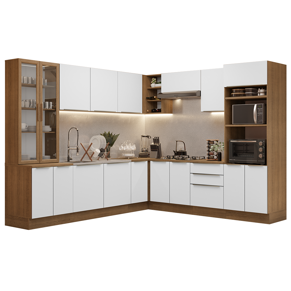Combo completo de Cocina Esquinera 566 cm con Cristalero 17 Puertas 3 Cajones Sin Mesada Marrón/Blanco Lux Madesa