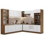 Combo completo de Cocina Esquinera 566 cm con Cristalero 17 Puertas 3 Cajones Sin Mesada Marrón/Blanco Lux Madesa