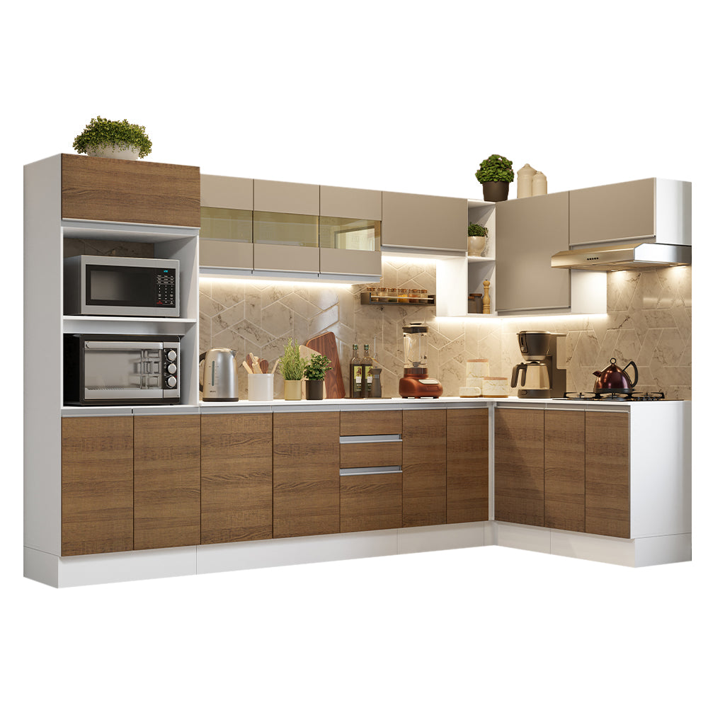 Combo Completo de Cocina Esquinera 100% MDF 448 cm Blanco/Marrón/Crema Smart Madesa 01