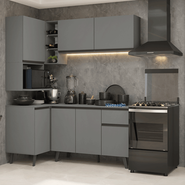 Combo completo de Cocina Esquinera 265 cm 7 Puertas 1 Cajón Gris Nice Madesa
