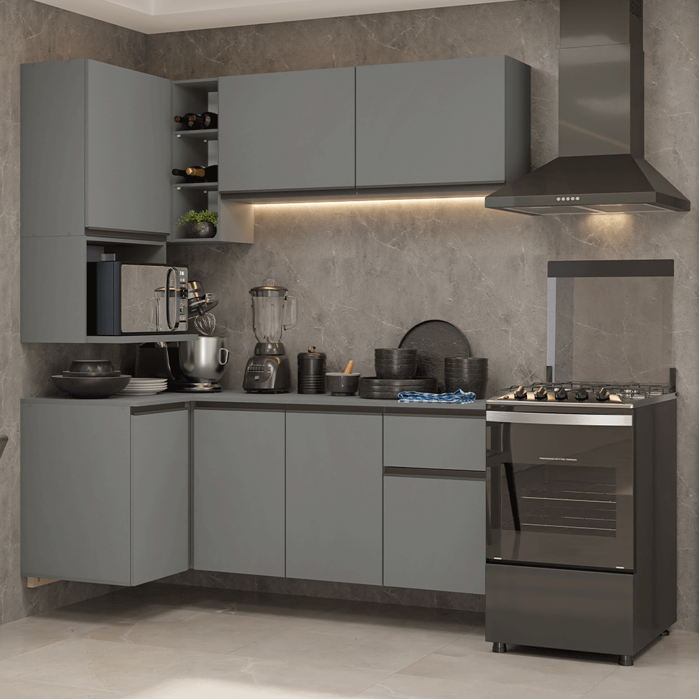 Combo completo de Cocina Esquinera Flotante 265 cm 7 Puertas 1 Cajón Gris Nice Madesa