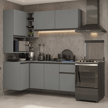 Combo completo de Cocina Esquinera Flotante 265 cm 7 Puertas 1 Cajón Gris Nice Madesa