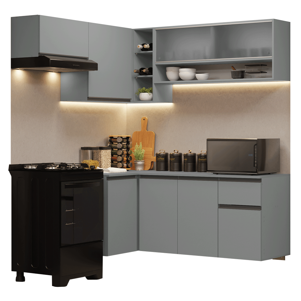 Combo completo de Cocina Esquinera Flotante 325 cm 8 Puertas 1 Cajón Gris Nice Madesa