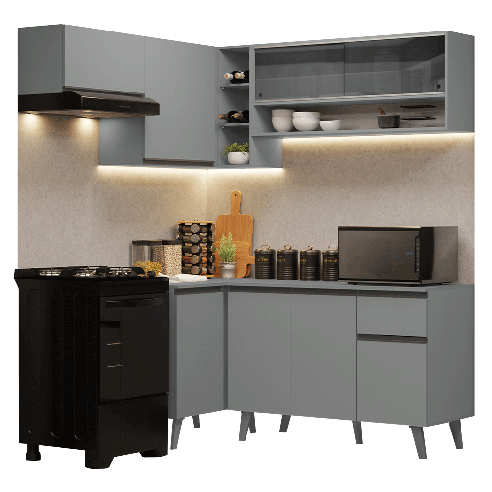 Combo completo de Cocina Esquinera 325 cm 8 Puertas 1 Cajón Gris Nice Madesa