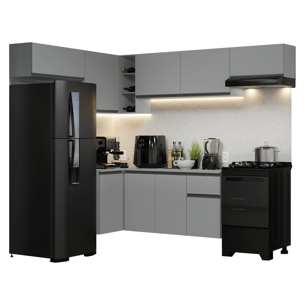 Combo completo de Cocina Esquinera Flotante 405 cm 9 Puertas 1 Cajón Gris Nice Madesa