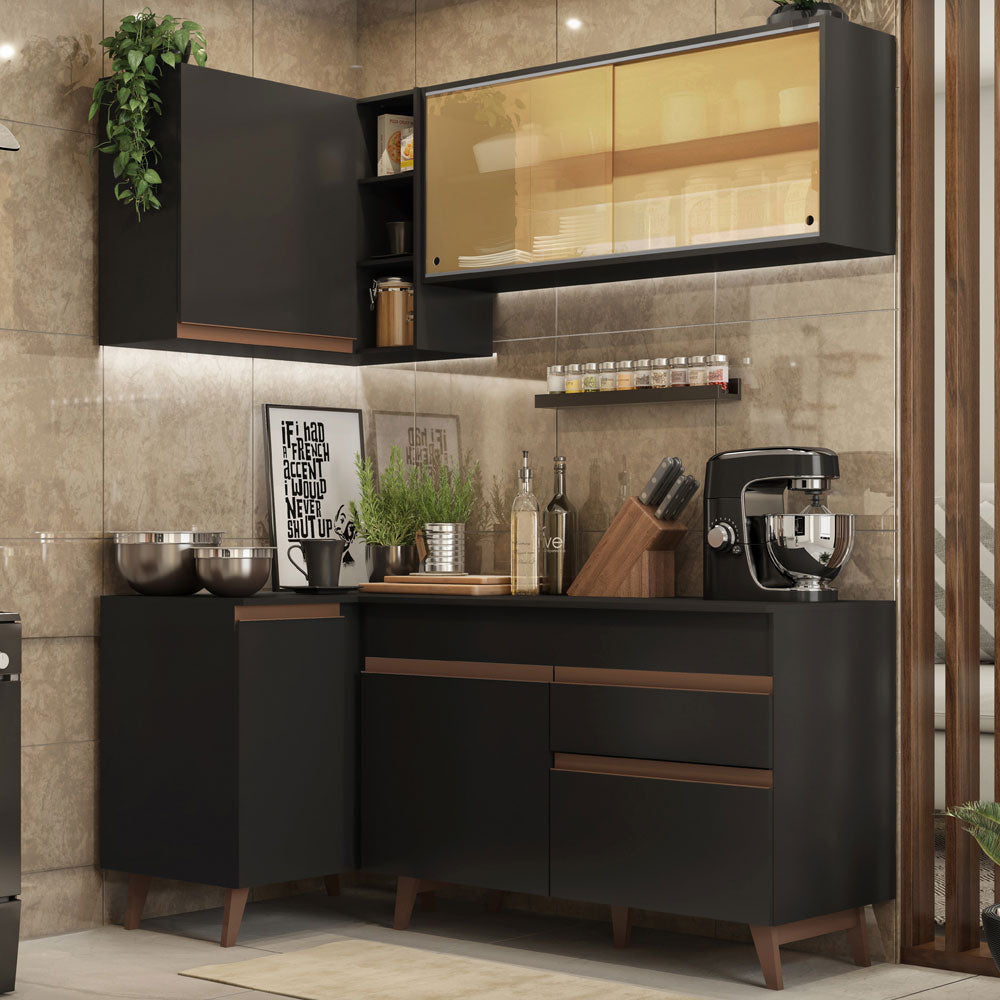 Combo completo de Cocina Esquinera 262 cm 6 Puertas 1 Cajón Negro Reims Madesa