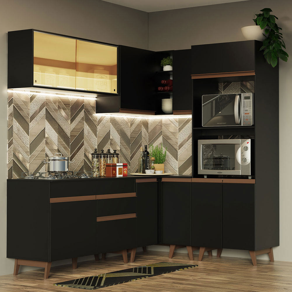Combo completo de Cocina Esquinera 367 cm 11 Puertas 1 Cajón Negro Reims Madesa