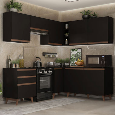 Combo completo de Cocina Esquinera 392 cm 8 Puertas 3 Cajones Negro Reims Madesa