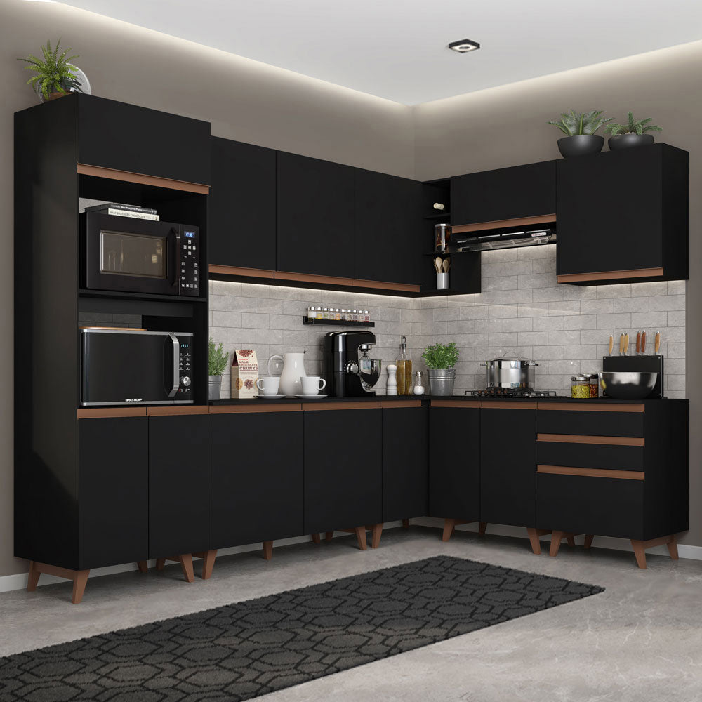 Combo completo de Cocina Esquinera 462 cm 13 Puertas 3 Cajones Negro Reims Madesa