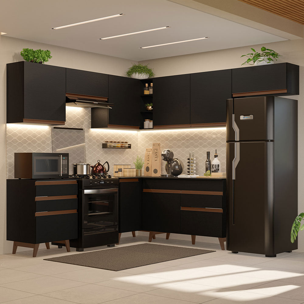 Combo completo de Cocina Esquinera 462 cm 9 Puertas 4 Cajones Negro Reims Madesa