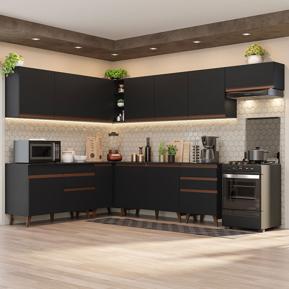 Combo completo de Cocina Esquinera 512 cm 12 Puertas 4 Cajones Negro Reims Madesa