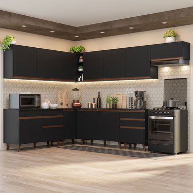 Combo completo de Cocina Esquinera 512 cm 12 Puertas 4 Cajones Negro Reims Madesa