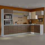 Kit Cocina Esquinera 100% MDF 2 Puertas y Nicho Marrón/Crema/Blanco Smart Madesa