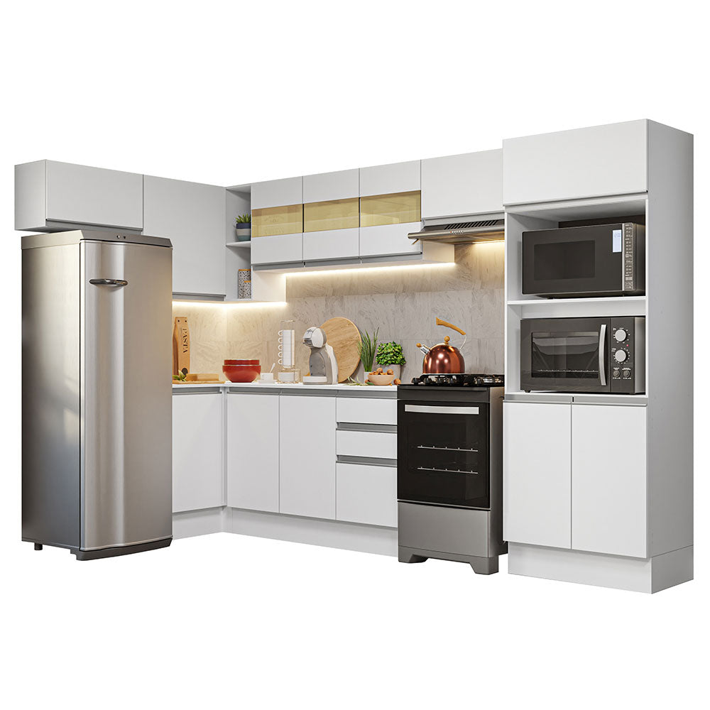 Combo completo de Cocina Esquinera Smart 100% MDF 447 cm 18 Puertas 2 Cajones (Con Mesada) Blanco Madesa